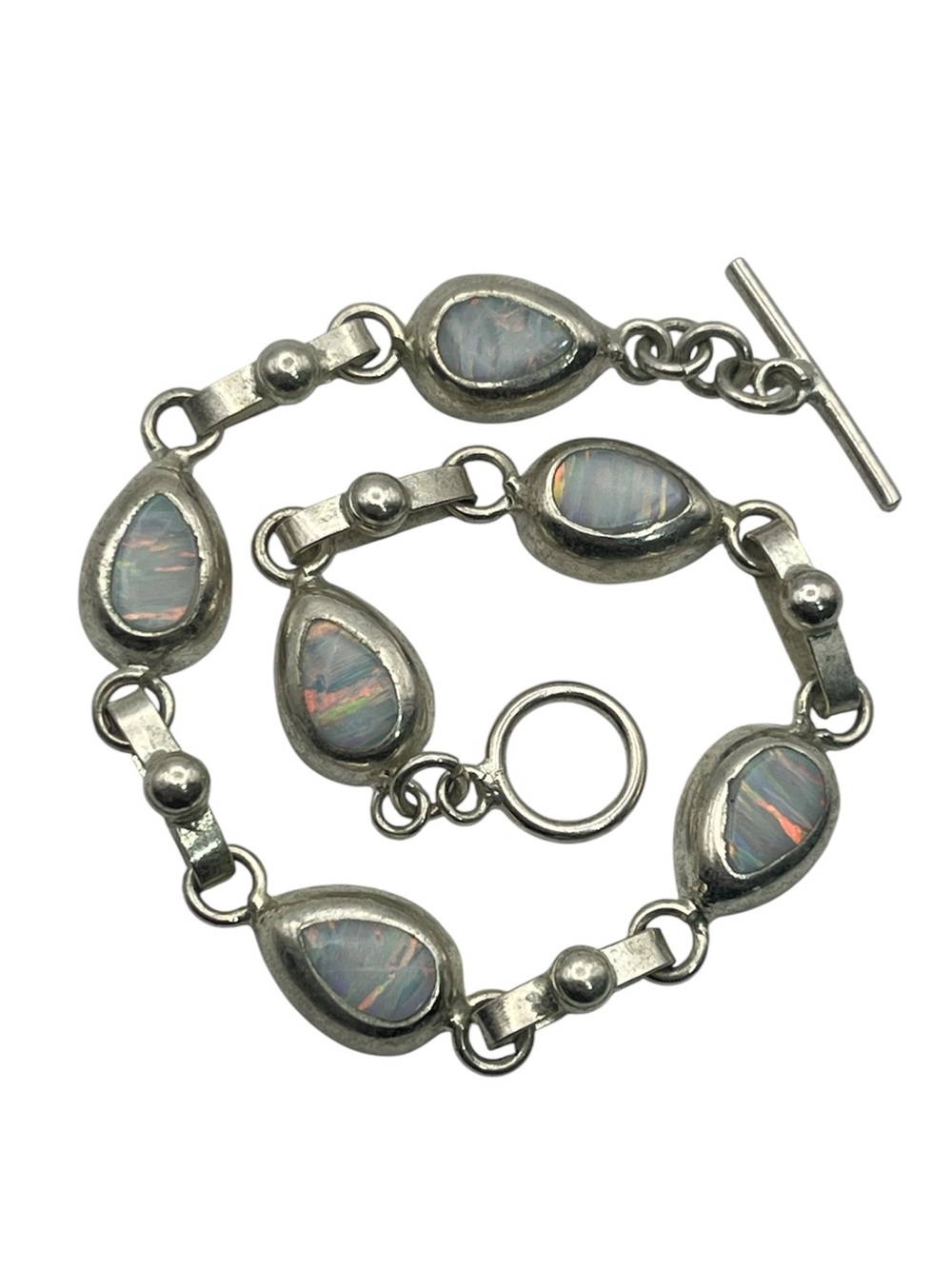 Silver tone faux opal toggle clasp chain bracelet vintage Mexico